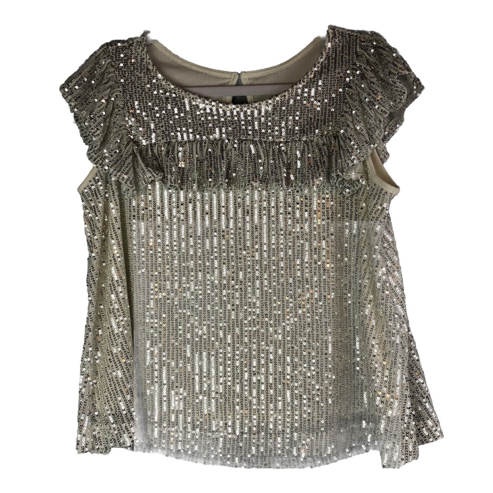 Justice Girls Top Size‎ 16/18 Sequin Ruffle Sleeve Cream Lined Short Sleeve Top